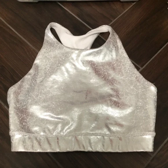 Carbon 38 Crackle Foil Sports Bra, Metallic Silver, High Neck, SZ XS - Picture 2 of 4